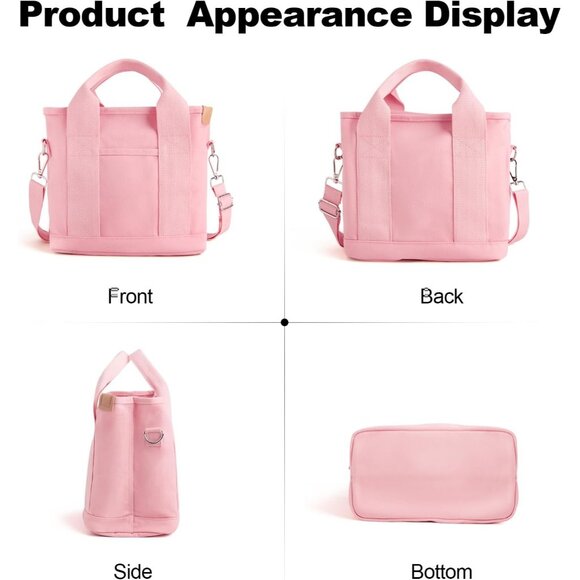 Women's Pink Canvas Tote Bag With Multi Pockets Mini Shoulder Bags With Zipper - Picture 4 of 6